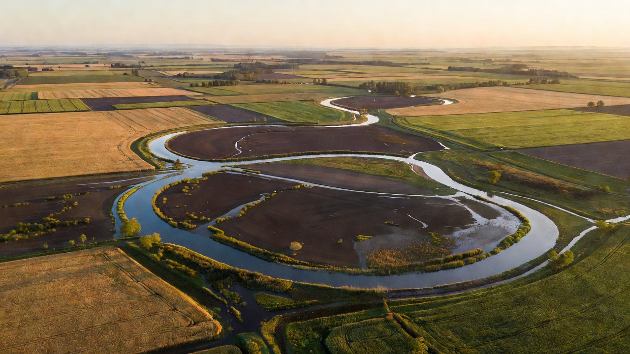 A winding river and its surrounding floodplain with fields extending towards the horizon