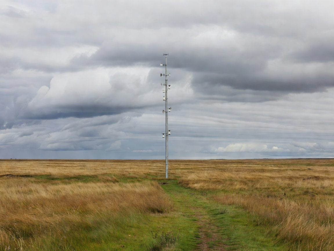 Weather instruments on a mast above open grassland under a cloudy sky